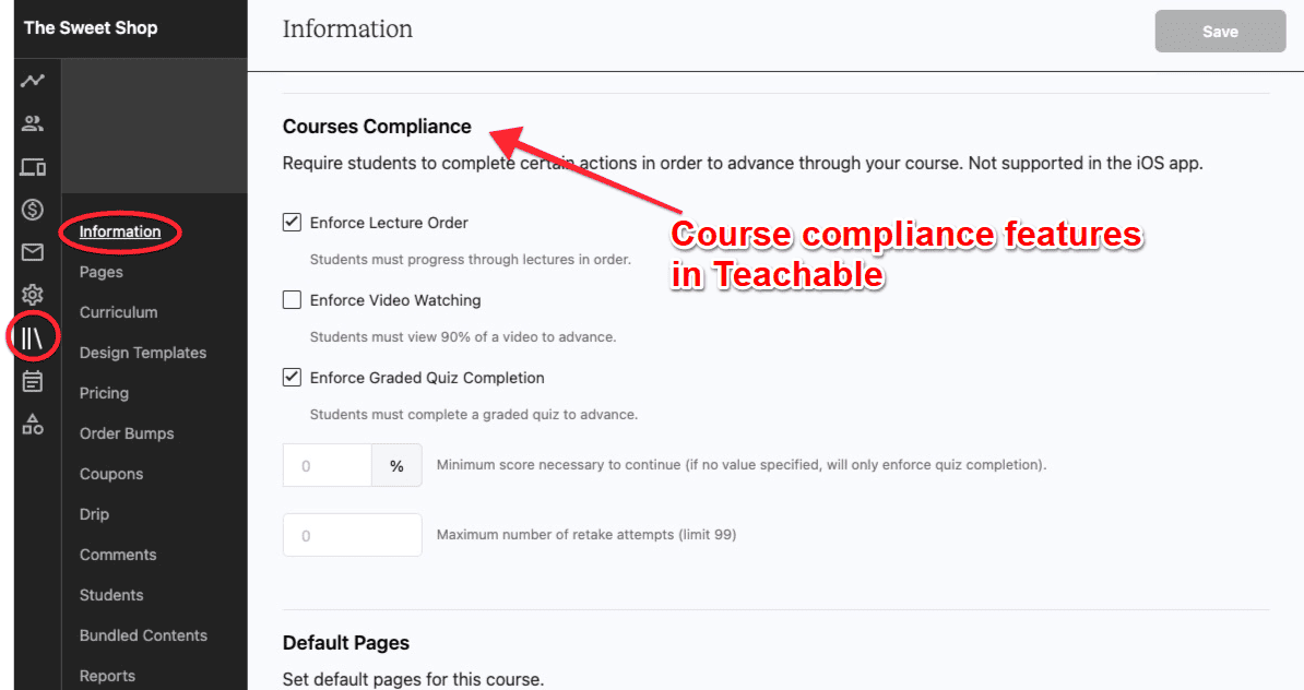 course compliance features in teachable