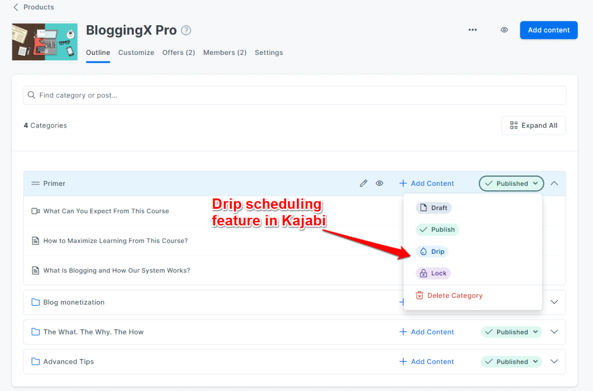 drip scheduling in kajabi