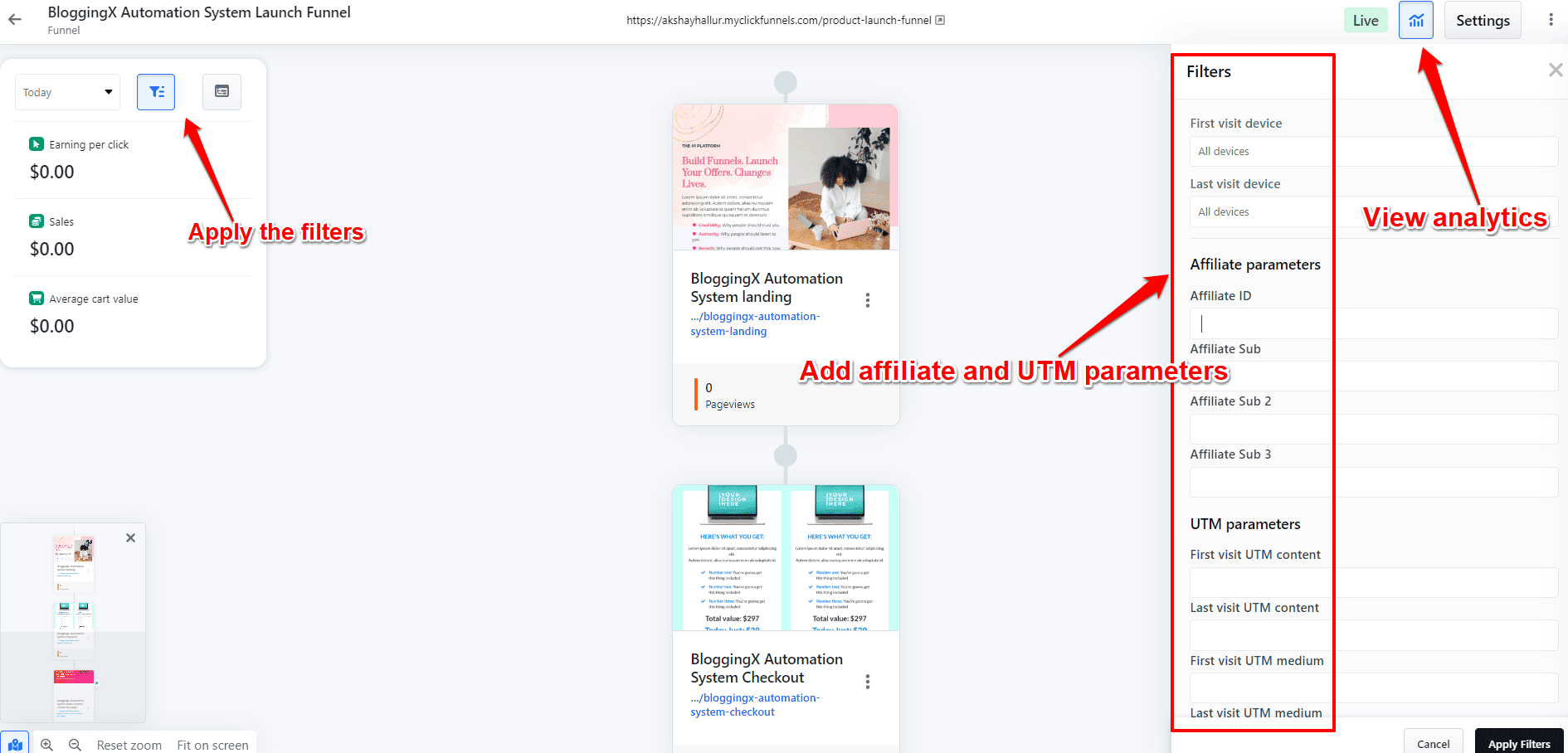 funnel workflow filters