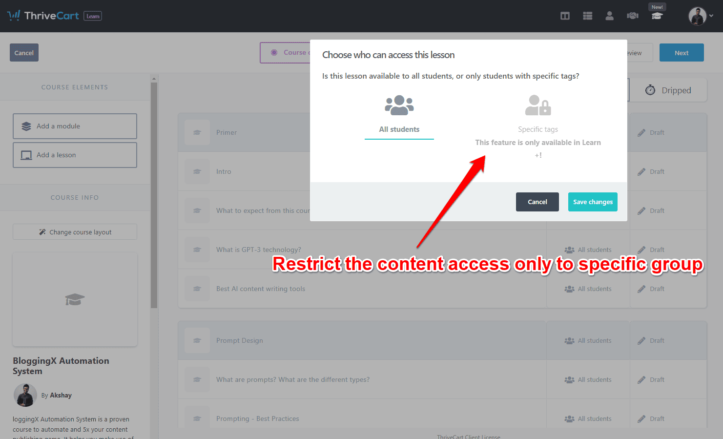 restrict access to course content in thrive learn