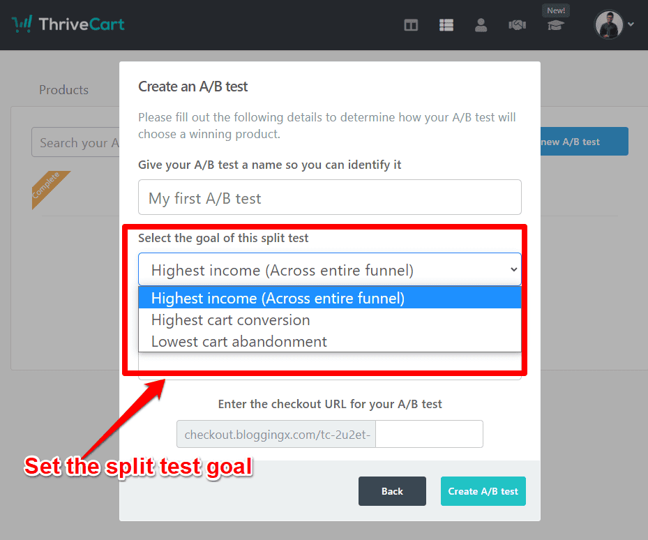 specifying the goal for split testing