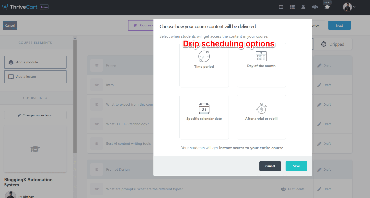 thrive learn drip scheduling