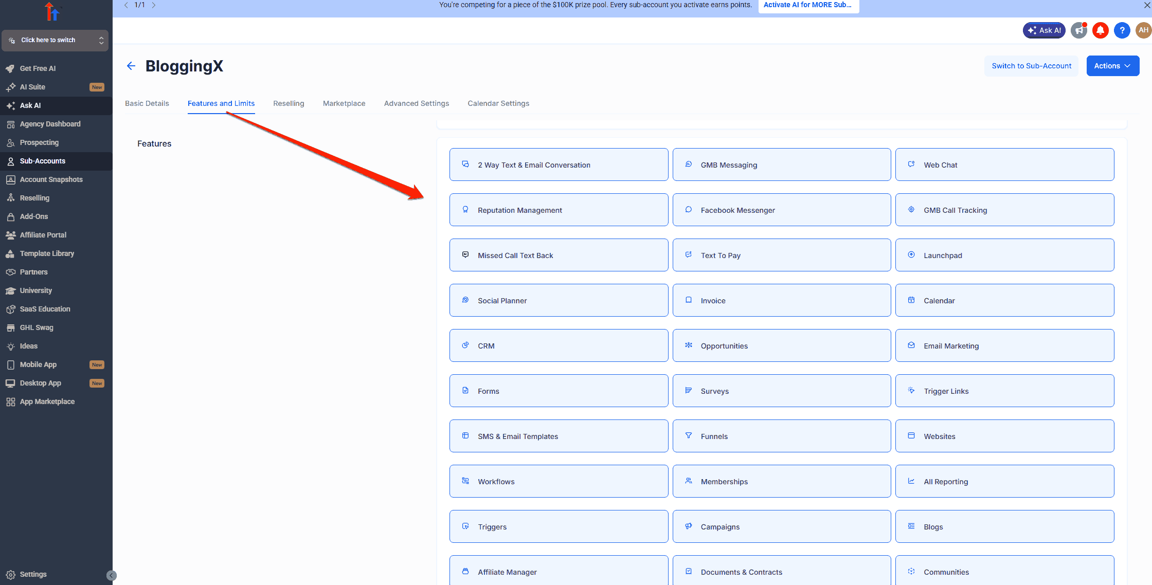 GoHighLevel subaccount features