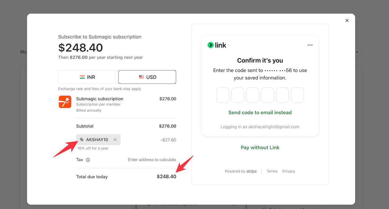 Submagic checkout page